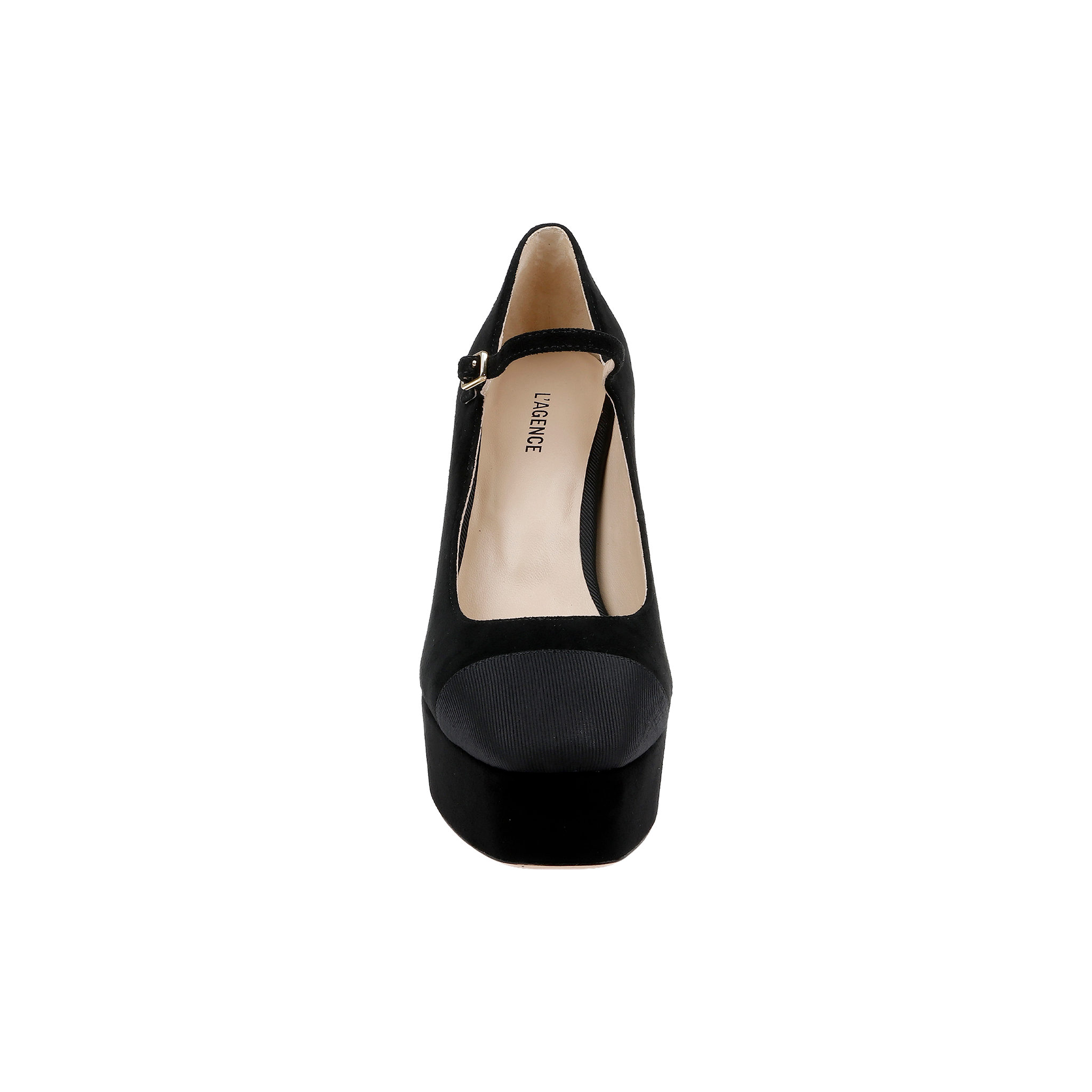 Front view of a single Lilles Platform Pump in black suede, featuring a closed round toe and a thin ankle strap, displayed on a plain light background.