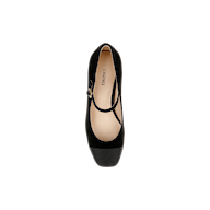 Top view of a single Lilles Platform Pump in black, featuring a rounded toe, thick platform sole, and an angled strap with a small gold buckle, displayed on a white background.
