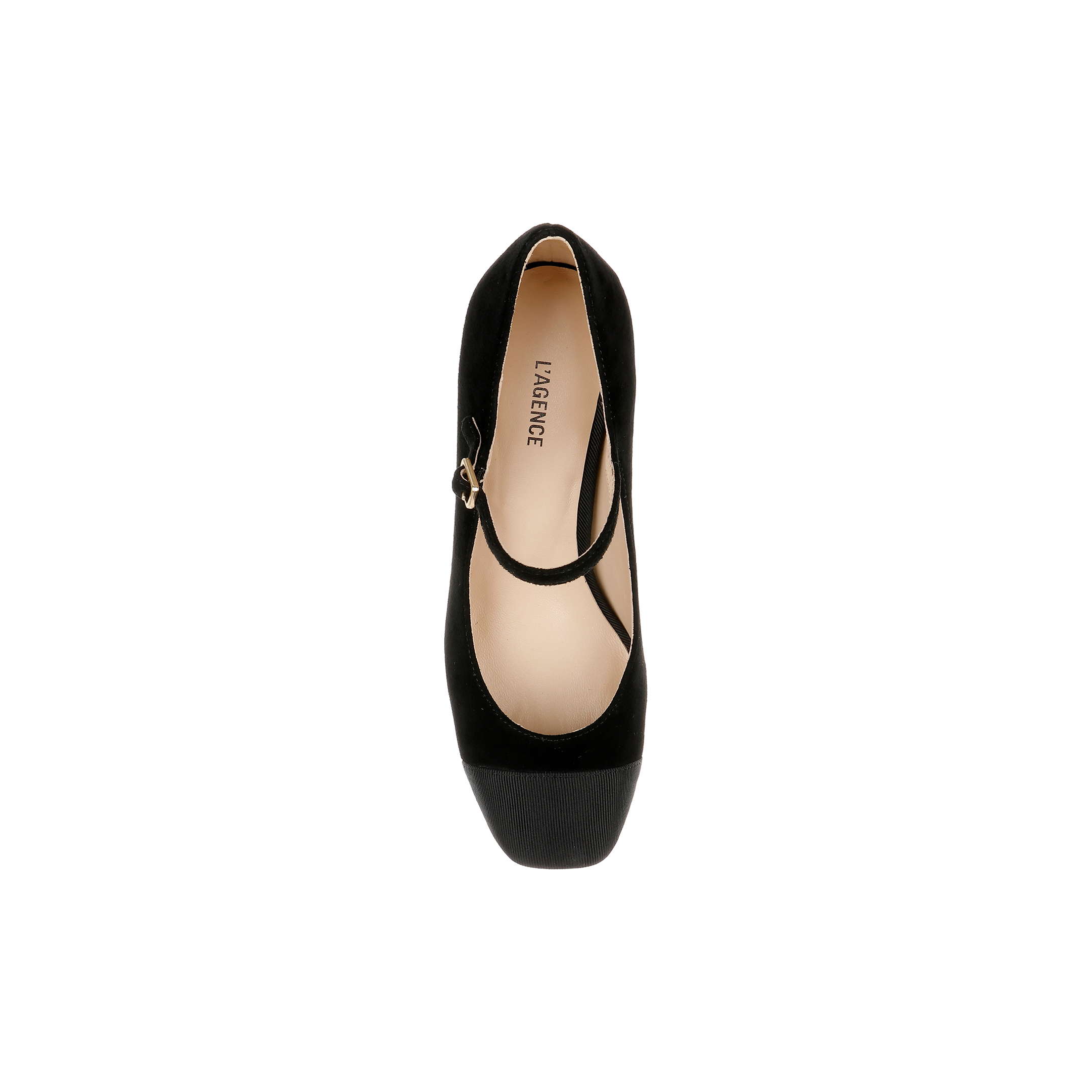 Top view of a single Lilles Platform Pump in black, featuring a rounded toe, thick platform sole, and an angled strap with a small gold buckle, displayed on a white background.