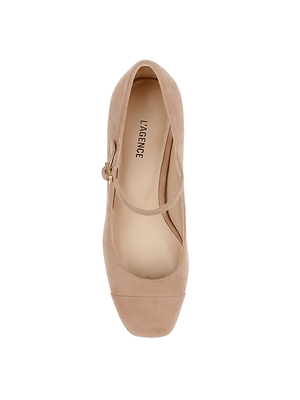 Top view of the Lilles Platform Pump in cappuccino suede, featuring a rounded square toe, single strap with small buckle, and LAGENCE-branded insole, displayed against a white background.