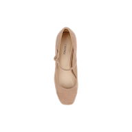 Top view of a single Lilles Platform Pump in cappuccino suede, featuring a rounded toe and a thin strap across the instep, displayed on a white background. The insole is printed with the brand name LAGENCE.