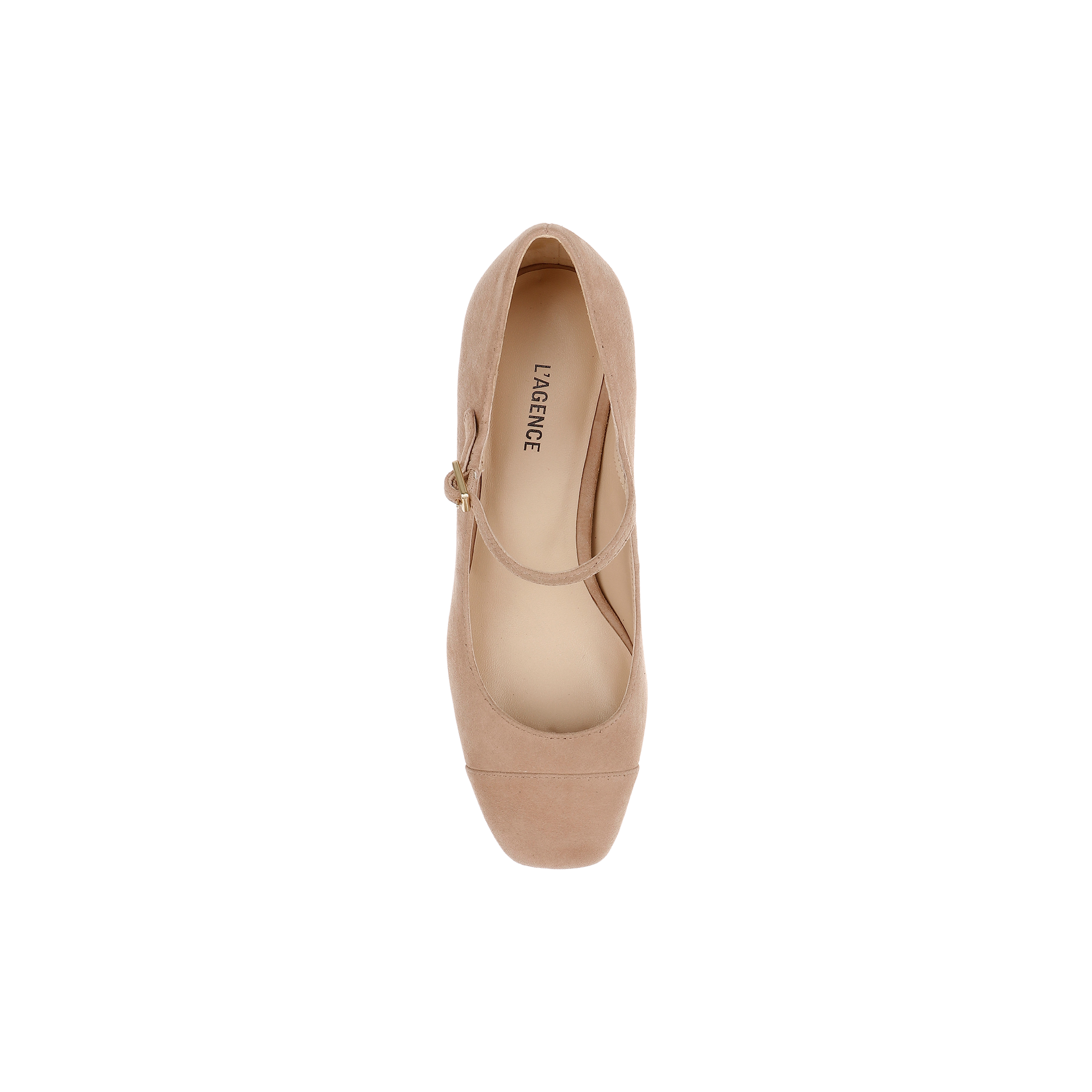 Top view of a single Lilles Platform Pump in cappuccino suede, featuring a rounded toe and a thin strap across the instep, displayed on a white background. The insole is printed with the brand name LAGENCE.