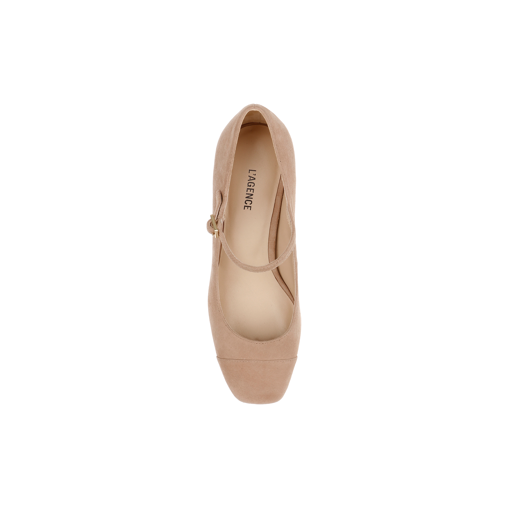 Top view of a single Lilles Platform Pump in cappuccino suede, featuring a rounded toe and a thin strap across the instep, displayed on a white background. The insole is printed with the brand name LAGENCE.