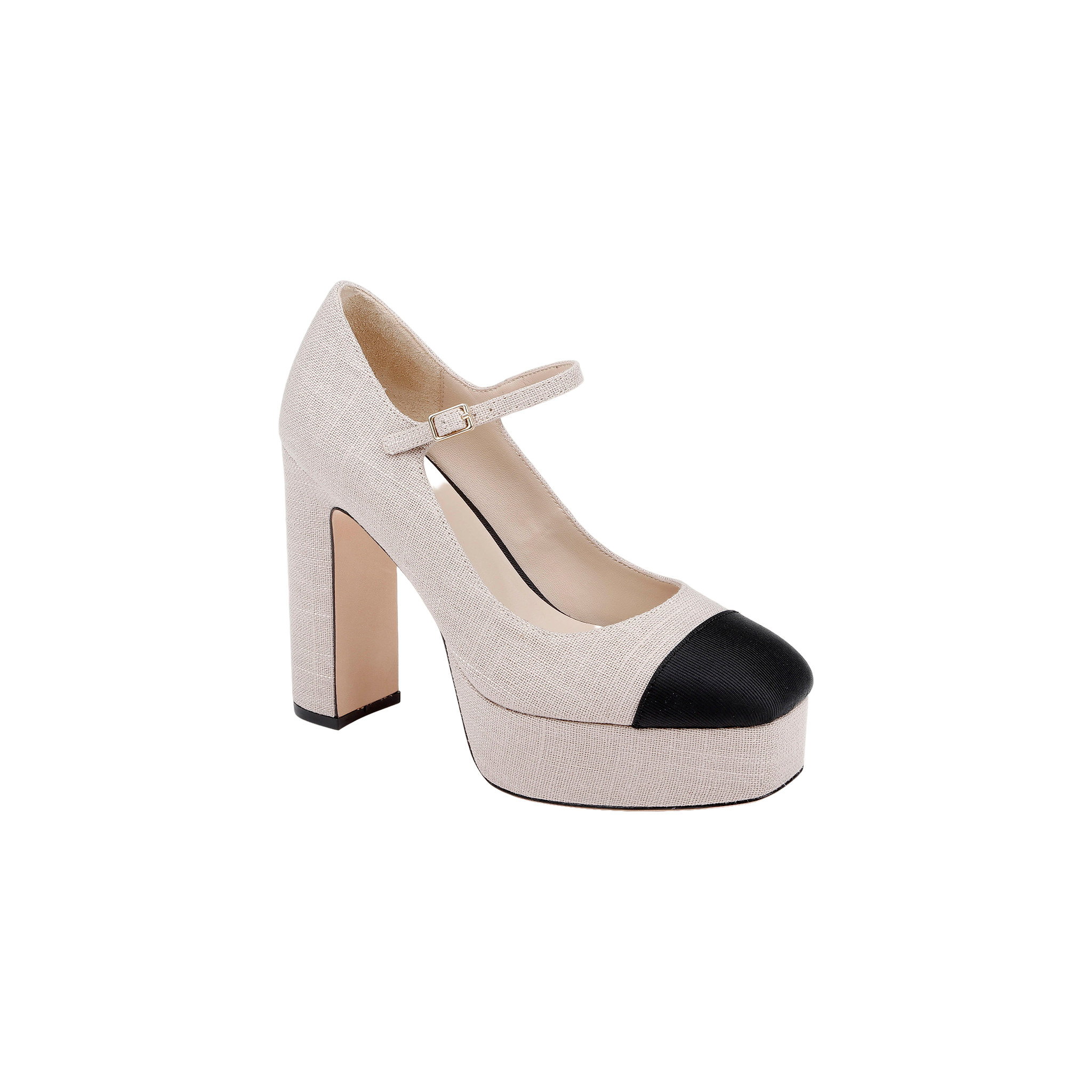 The Lilles Platform Pump is a beige Mary Jane with a thick block heel, ankle strap, and black cap toe, showcased against a plain white background.