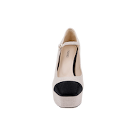 A front view of the Lilles Platform Pump, a beige Mary Jane style shoe featuring a black toe cap and a chic block heel, set against a plain white background. The insole displays the LICERONE brand.