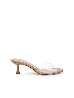 The Esther Kitten-Heel Mule features a slender low heel, a beige sole, and a wide clear vinyl strap across the front.