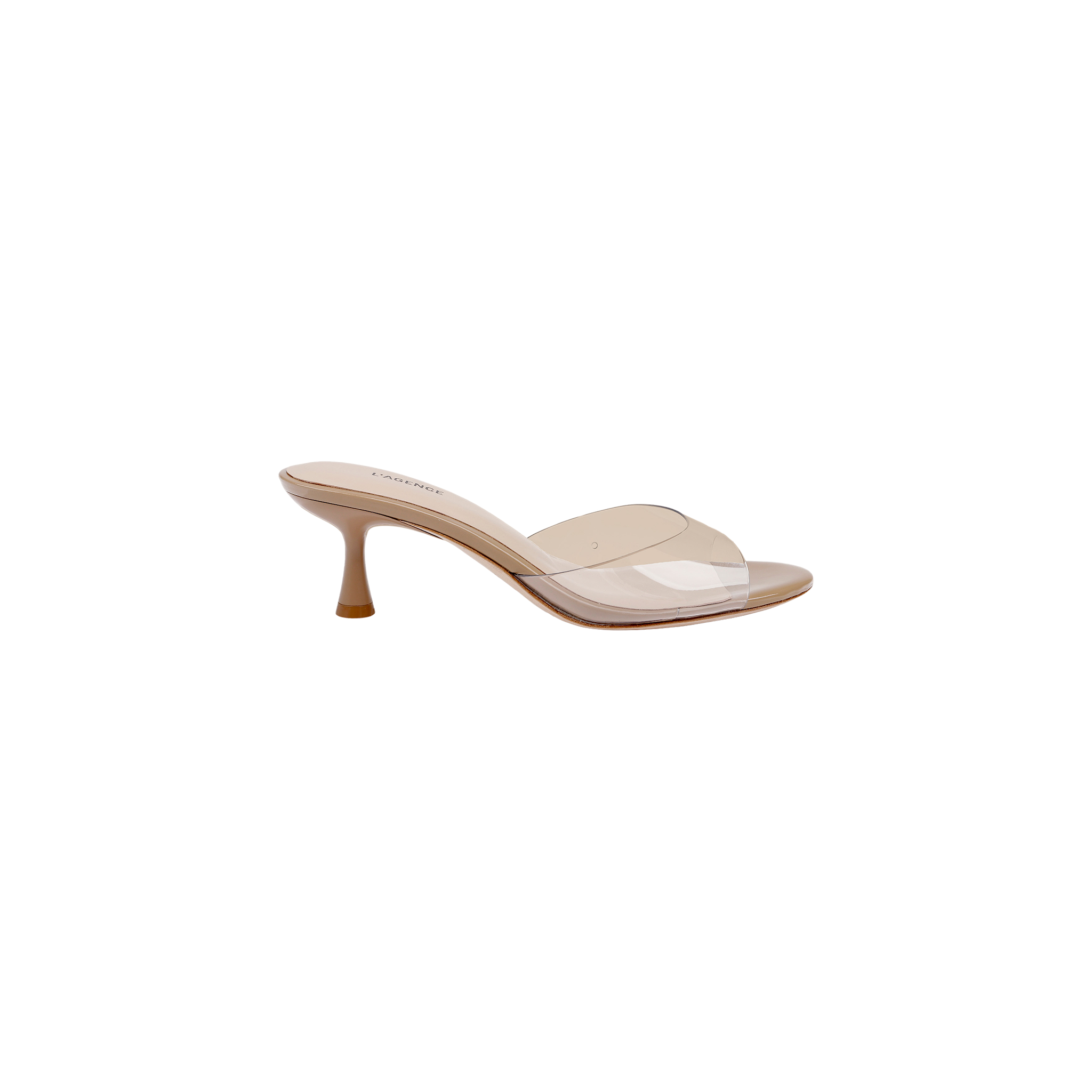 The Esther Kitten-Heel Mule is a beige sandal with a clear vinyl upper, featuring a wide strap across the front and a pointed toe, shown against a white background.