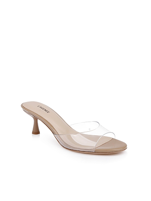 The Esther Kitten-Heel Mule features a nude color, clear vinyl upper strap, open toe design, and a low heel for effortless elegance.