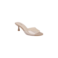 The Esther Kitten-Heel Mule is a single beige sandal featuring a clear vinyl upper and a transparent strap across the toe, with the word LIKEME printed on the insole, displayed against a white background.