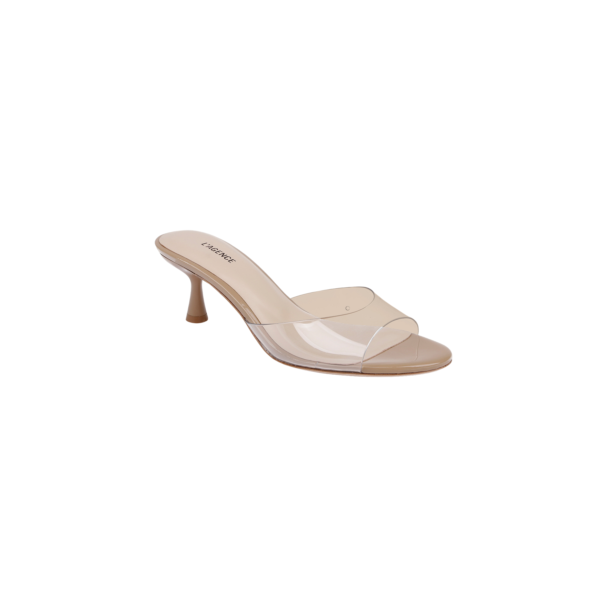 The Esther Kitten-Heel Mule is a single beige sandal featuring a clear vinyl upper and a transparent strap across the toe, with the word LIKEME printed on the insole, displayed against a white background.