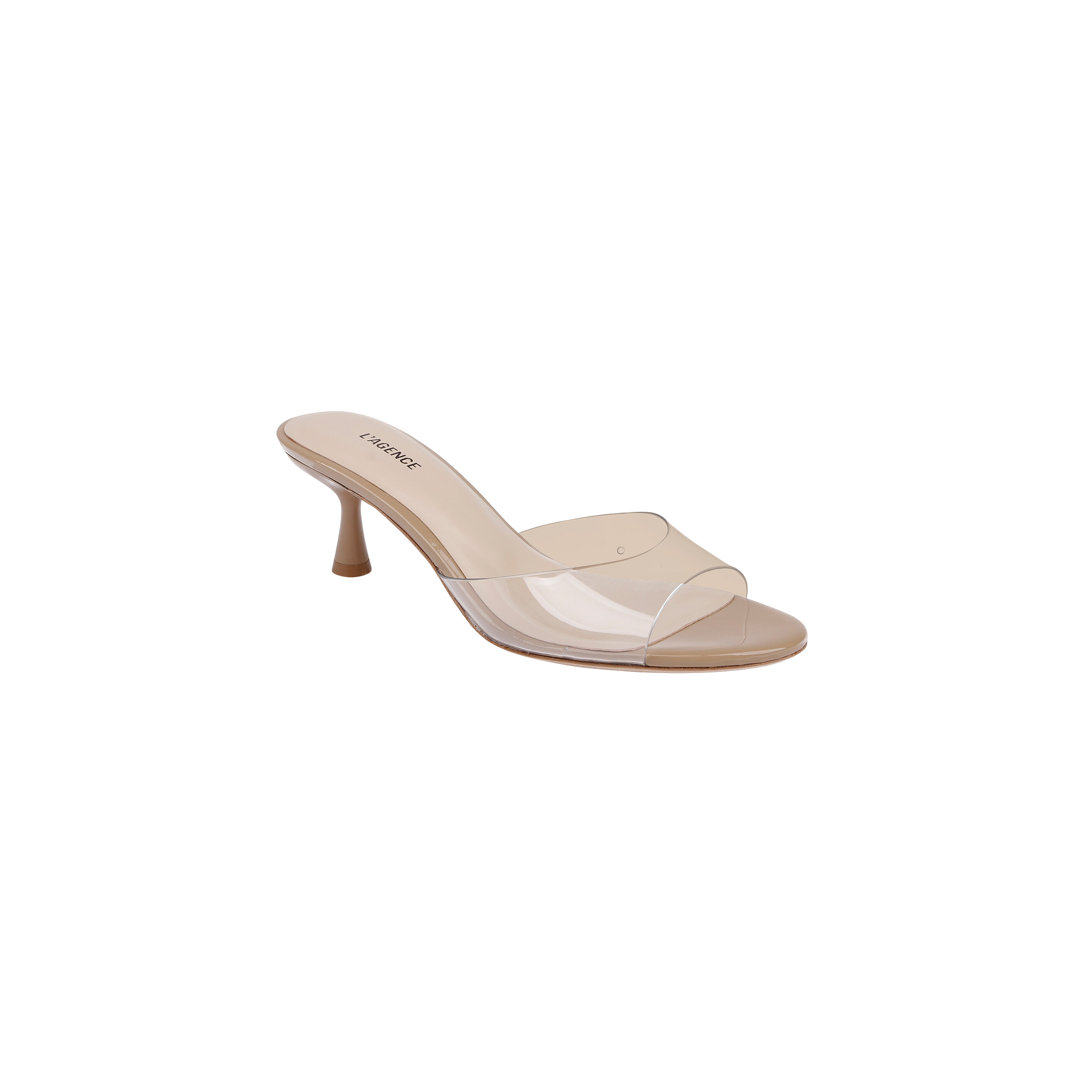 The Esther Kitten-Heel Mule is a single beige sandal featuring a clear vinyl upper and a transparent strap across the toe, with the word LIKEME printed on the insole, displayed against a white background.