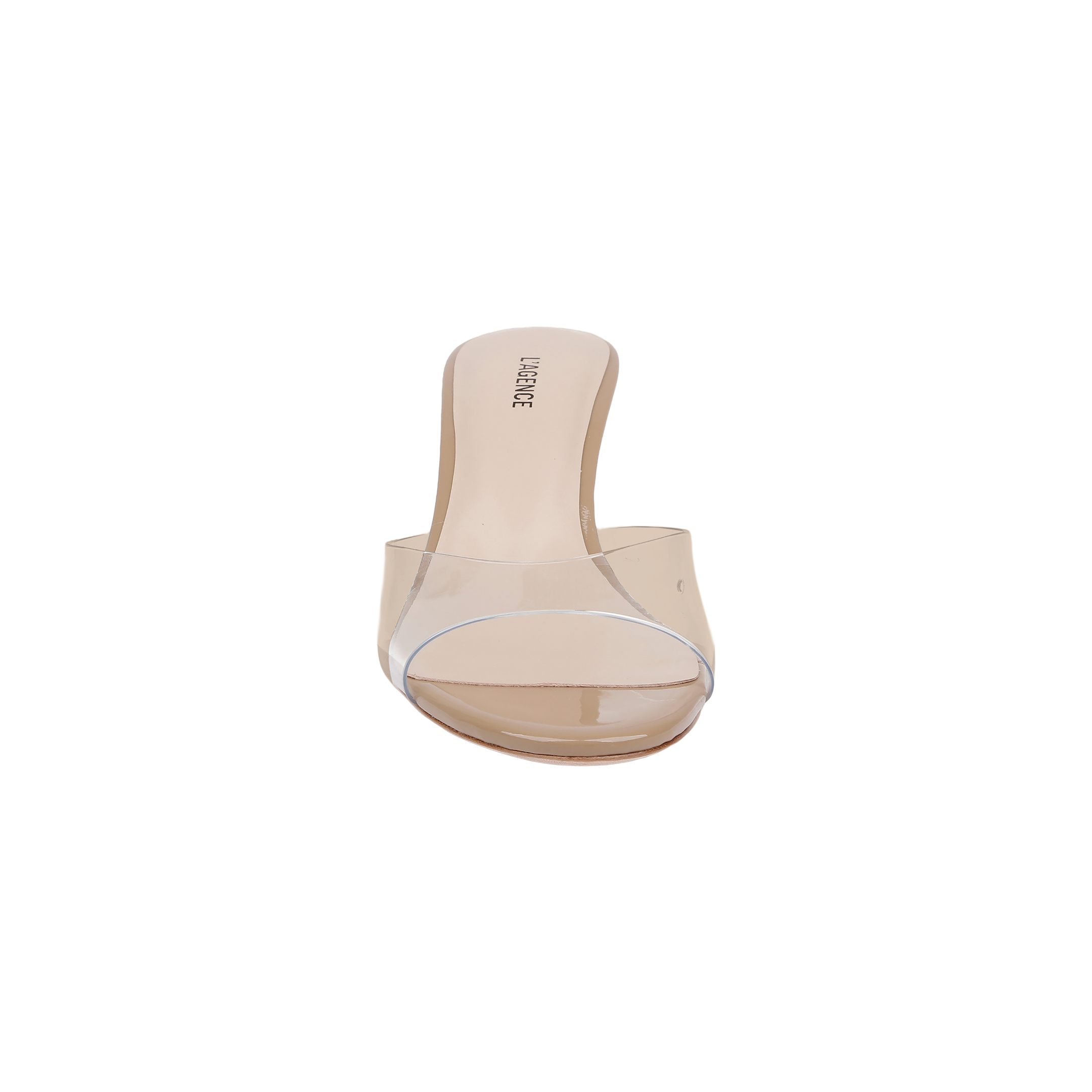 The Esther Kitten-Heel Mule is a clear, open-toe sandal featuring a transparent strap and nude sole, designed with a clear vinyl upper and shown from the front against a plain white background.