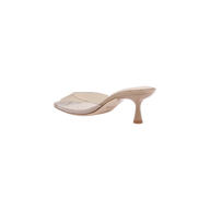 The Esther Kitten-Heel Mule, featuring a nude-colored open toe design with a clear vinyl upper and a sleek stiletto heel, is displayed on a plain white background.