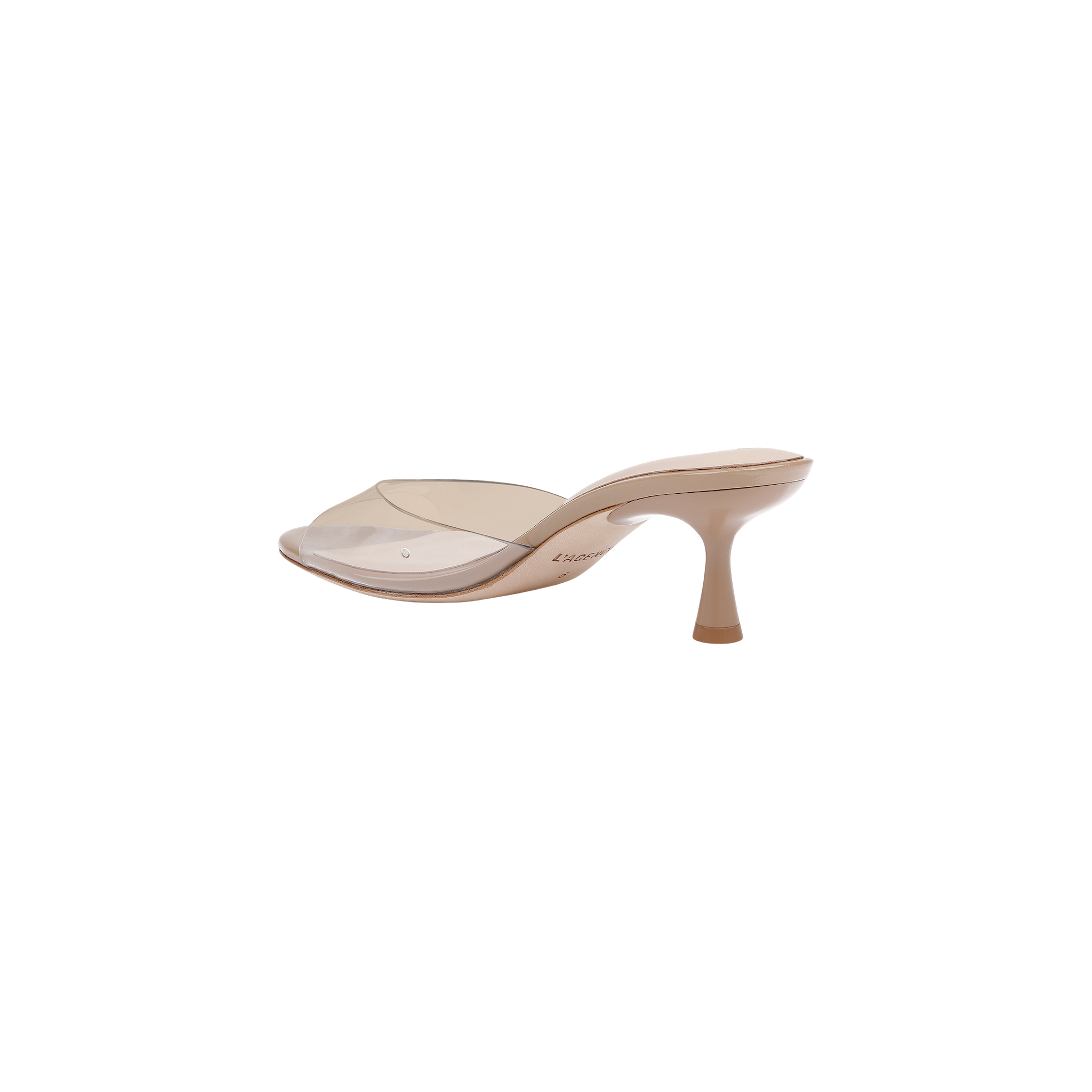 The Esther Kitten-Heel Mule, featuring a nude-colored open toe design with a clear vinyl upper and a sleek stiletto heel, is displayed on a plain white background.