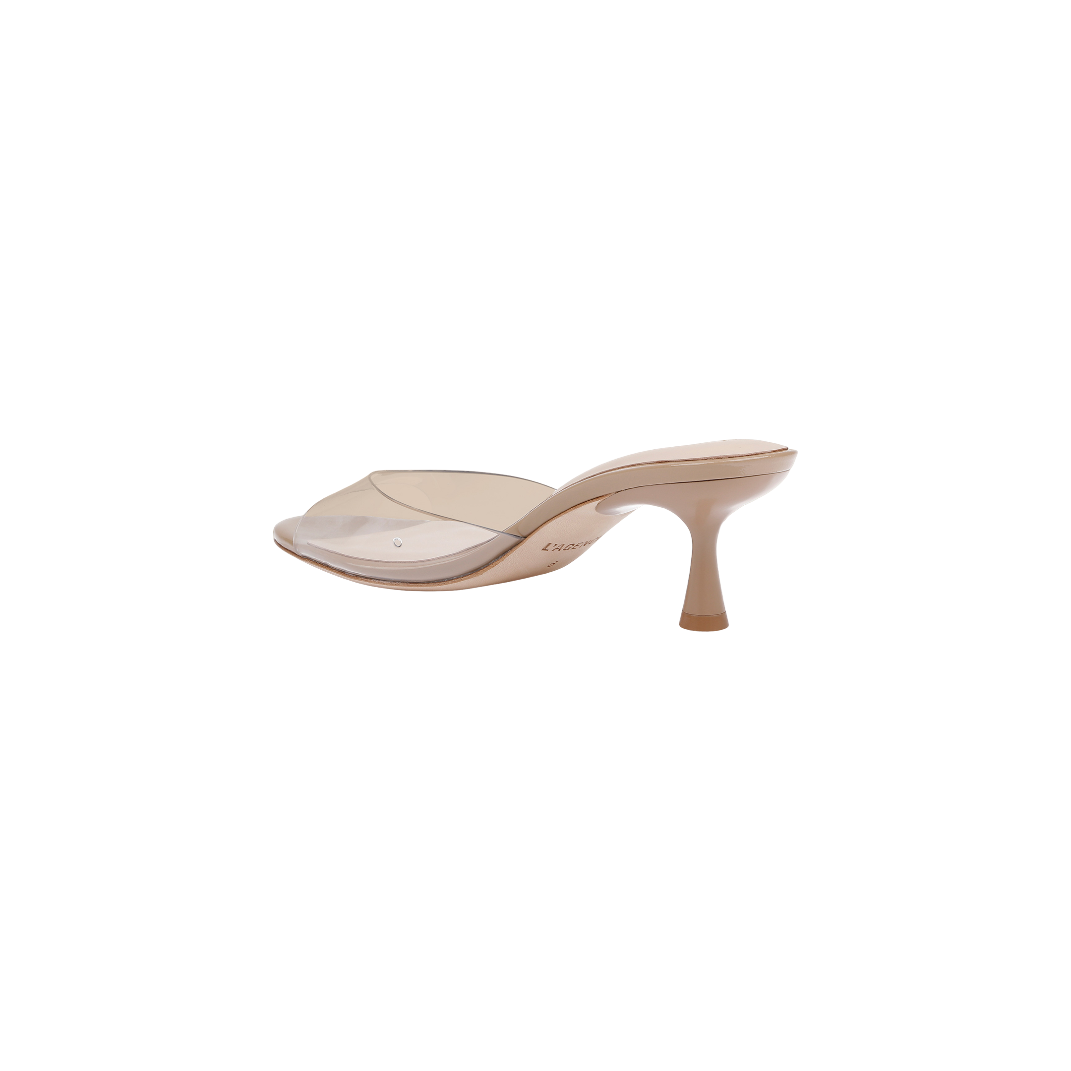 The Esther Kitten-Heel Mule, featuring a nude-colored open toe design with a clear vinyl upper and a sleek stiletto heel, is displayed on a plain white background.