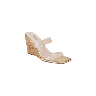 Introducing the Farrell Wedge Espadrille: a gold sandal with a square toe, two clear straps across the foot, and a stylish braided raffia wedge heel.
