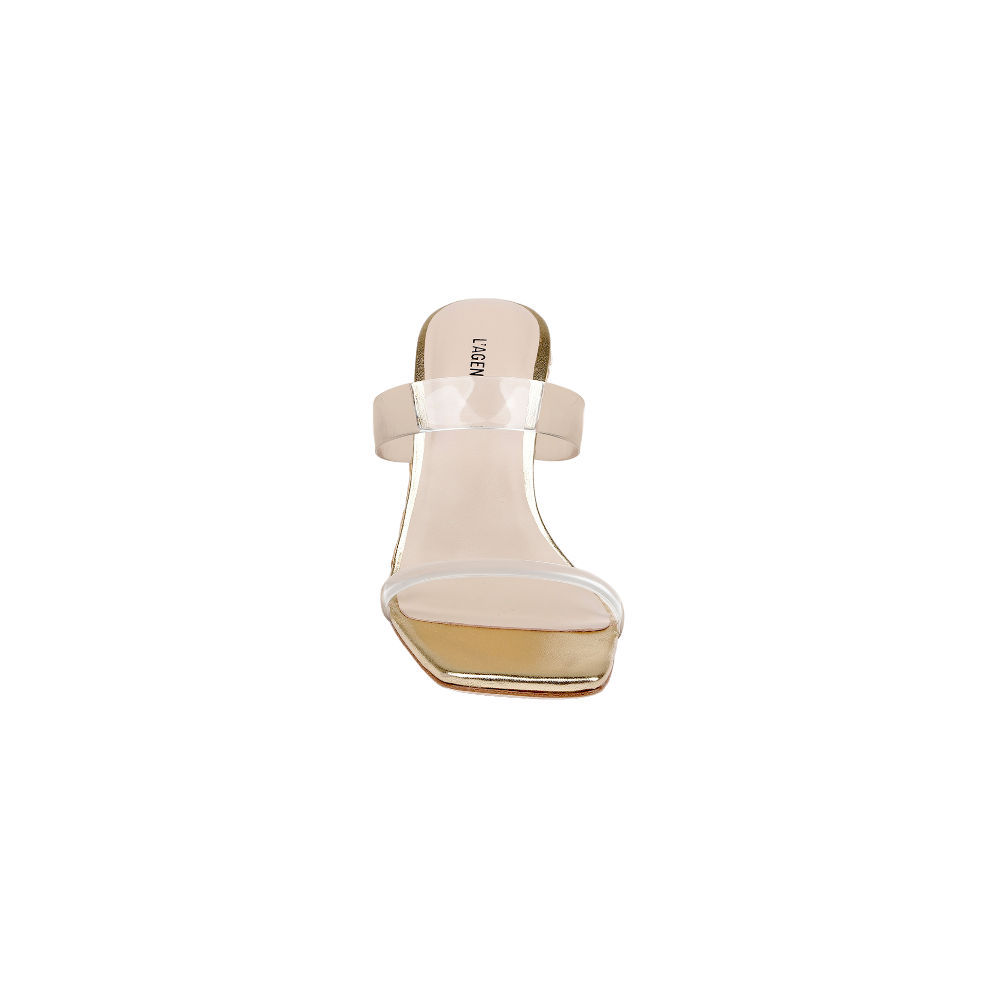 A clear, open-toe slip-on heeled sandal named the Farrell Wedge Espadrille, featuring a transparent strap and modern square toe silhouette, is shown from the front against a white background. This style showcases the sleek design of clear vamp sandals combined with the contemporary appeal of a square toe.