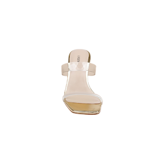 Front view of the Farrell Wedge Espadrille, featuring a single heeled sandal design with a square toe and a clear strap across the toe, complemented by a beige insole, set against a plain white background.
