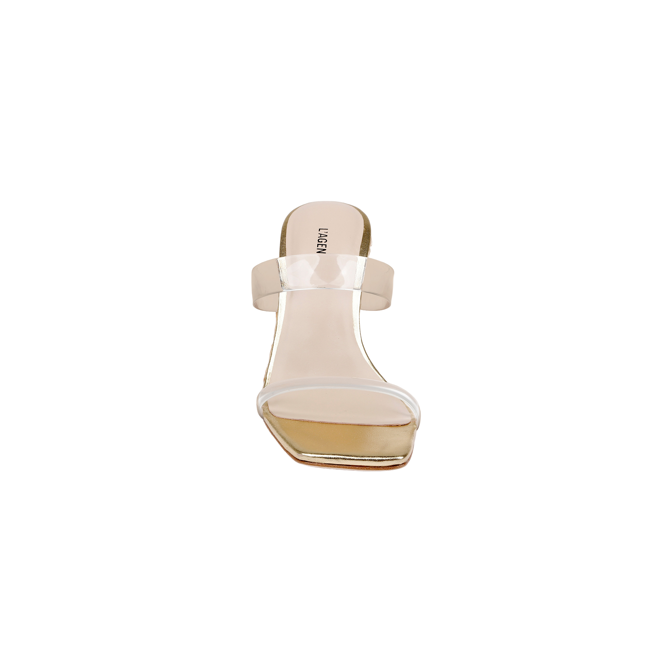 A clear, open-toe slip-on heeled sandal named the Farrell Wedge Espadrille, featuring a transparent strap and modern square toe silhouette, is shown from the front against a white background. This style showcases the sleek design of clear vamp sandals combined with the contemporary appeal of a square toe.