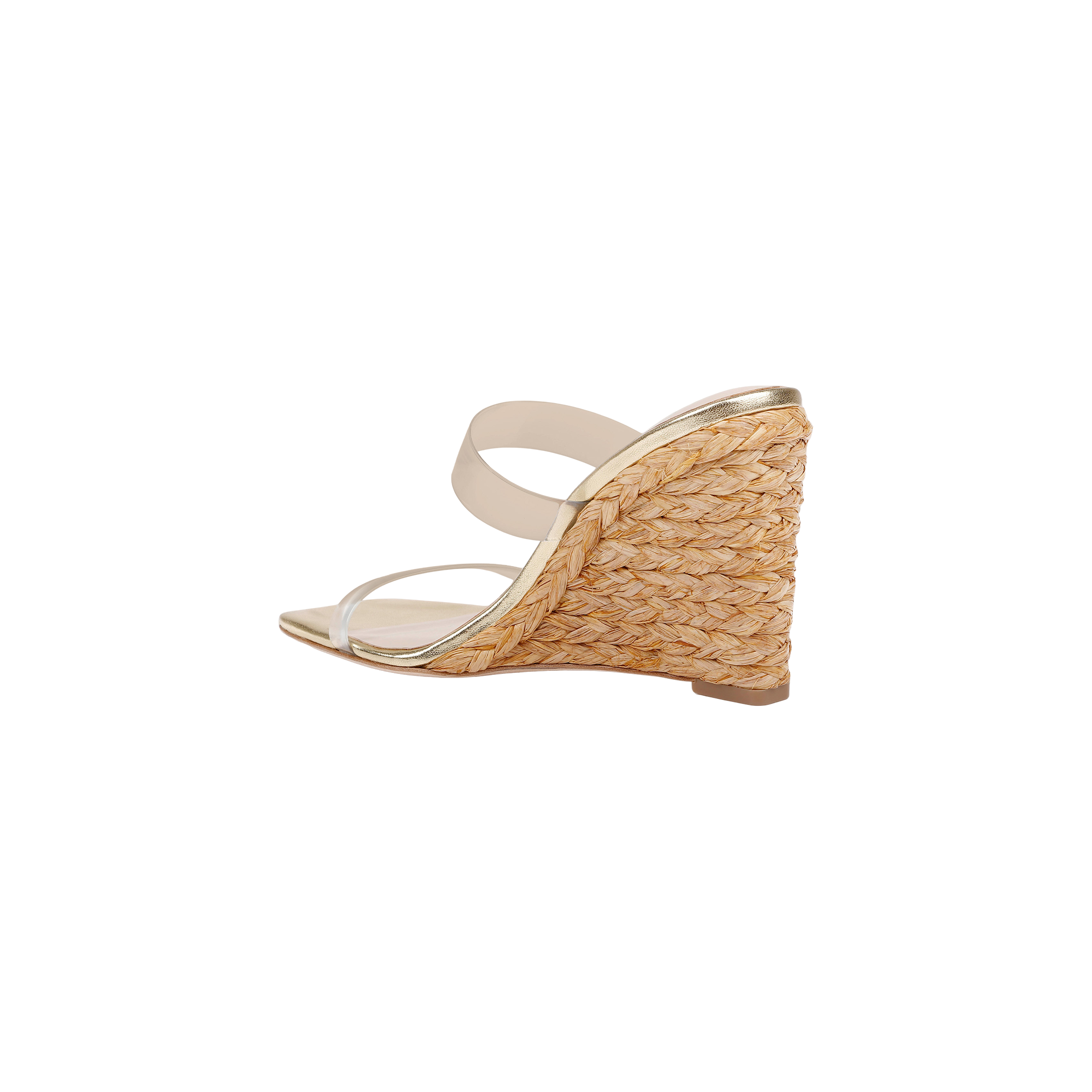 The Farrell Wedge Espadrille is shown in a side view against a plain white background, featuring beige coloring, clear straps, a braided raffia wedge heel, and a square toe.