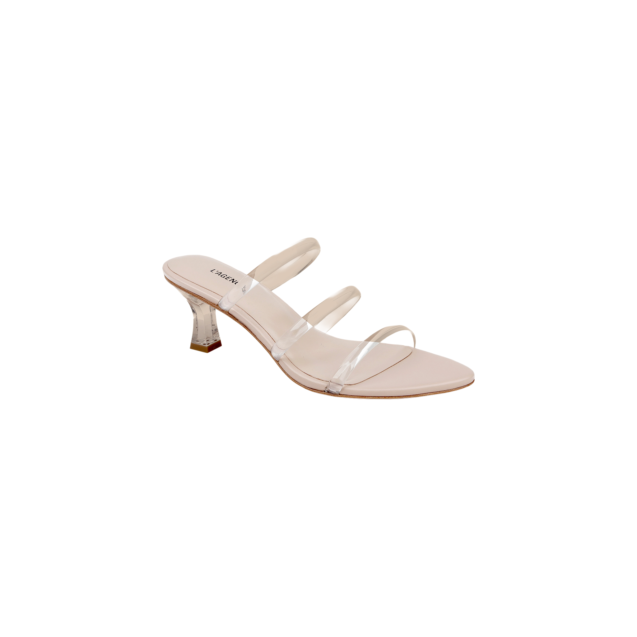 The Ludovica Kitten-Heel Sandal is a beige minimalist mule with three vinyl bands and a clear acrylic mid-height heel, showcased against a plain white background.