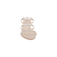 The Ludovica Kitten-Heel Sandal is a beige minimalist mule featuring three thin vinyl bands across the top, displayed from the front against a white background.