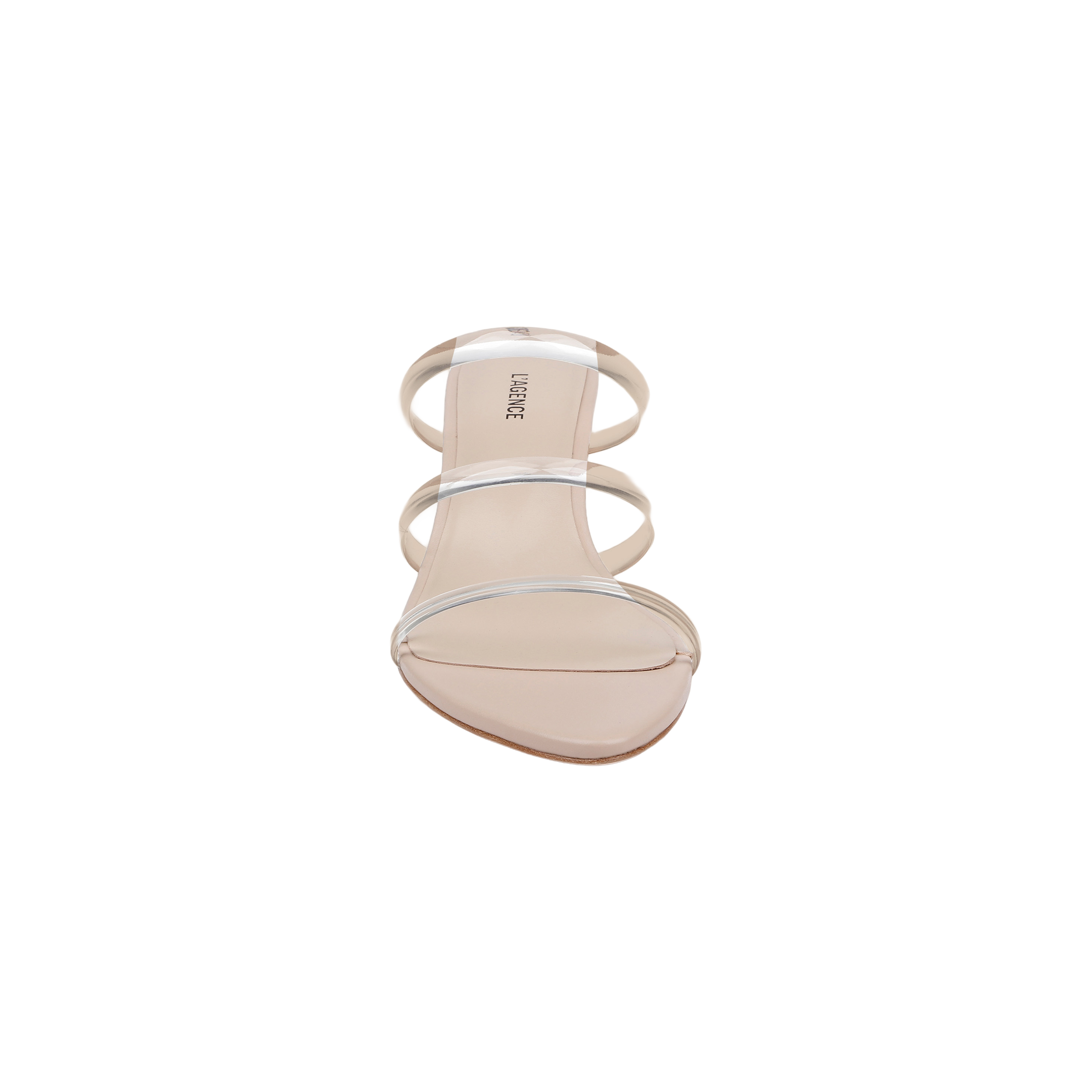 The Ludovica Kitten-Heel Sandal is a beige minimalist mule featuring three thin vinyl bands across the top, displayed from the front against a white background.