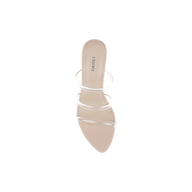 A single beige Ludovica Kitten-Heel Sandal with a pointed toe and clear vinyl straps displays the LAGENCE logo on the insole, set against a white background; this minimalist mule showcases sleek plastic bands for a contemporary look.