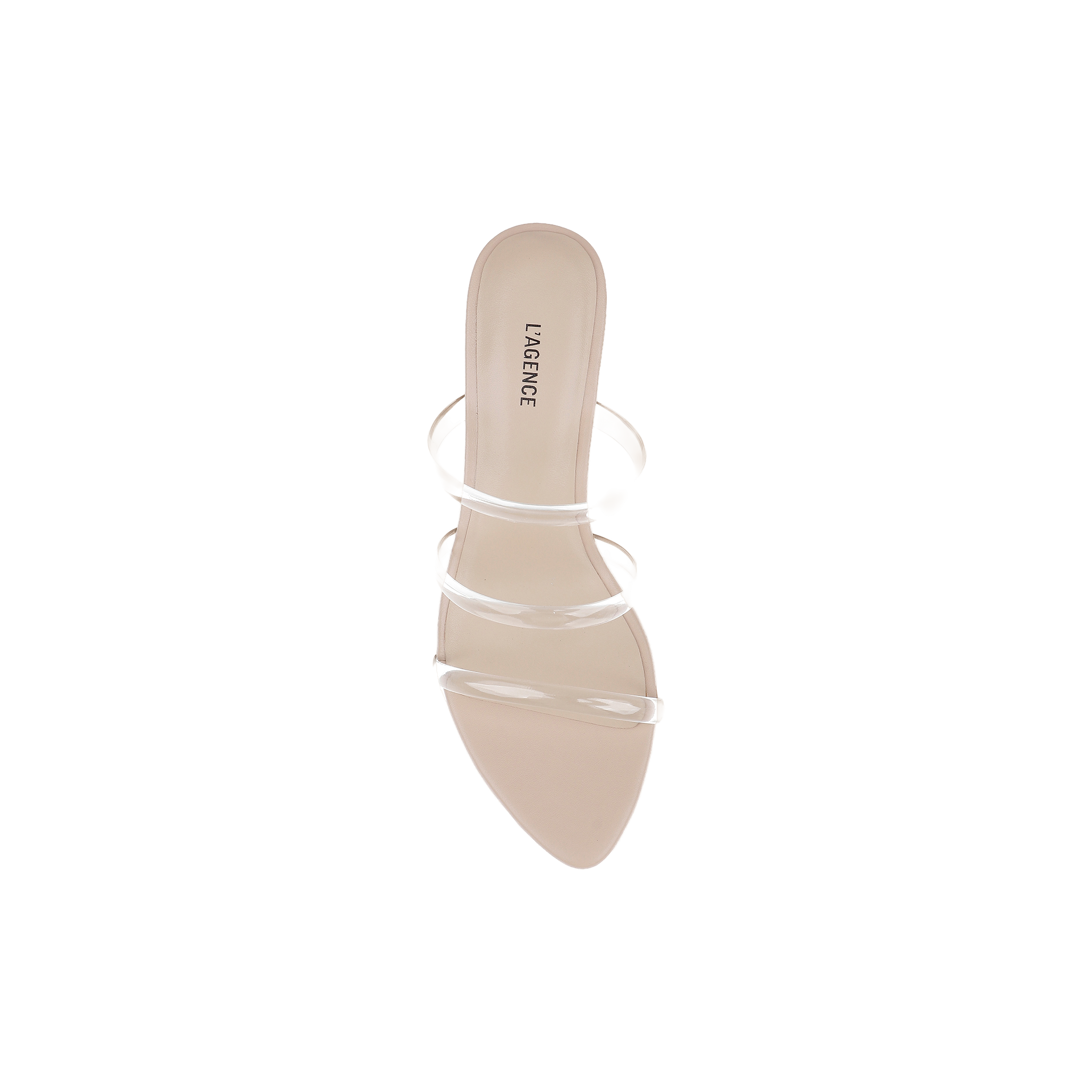 A single beige Ludovica Kitten-Heel Sandal with a pointed toe and clear vinyl straps displays the LAGENCE logo on the insole, set against a white background; this minimalist mule showcases sleek plastic bands for a contemporary look.