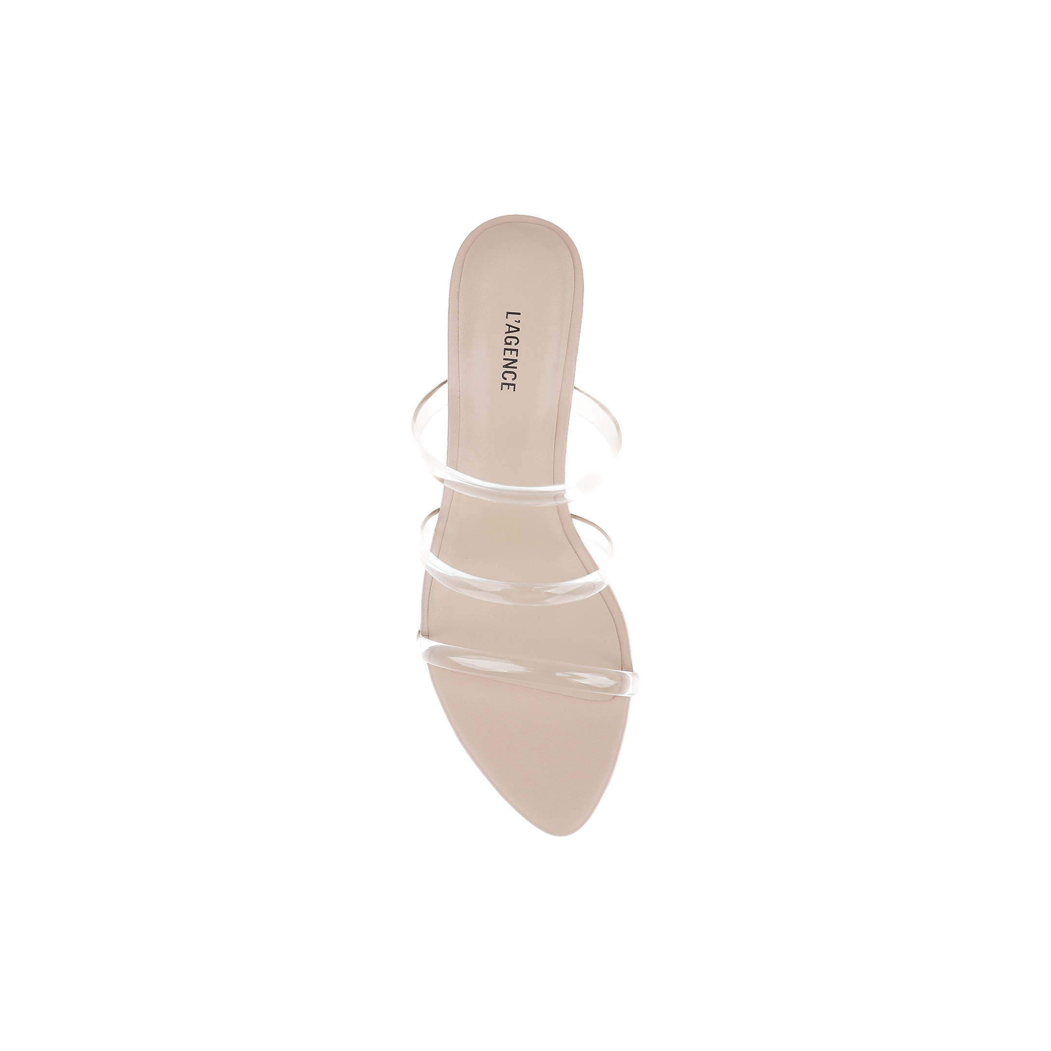 A single beige Ludovica Kitten-Heel Sandal with a pointed toe and clear vinyl straps displays the LAGENCE logo on the insole, set against a white background; this minimalist mule showcases sleek plastic bands for a contemporary look.