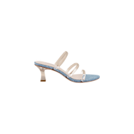 The Ludovica Kitten-Heel Sandal features three clear straps, a blue denim footbed, and a short clear flared heel, capturing the charm of a denim mule. Displayed on a white background, this style combines minimalist shoe design with contemporary materials.
