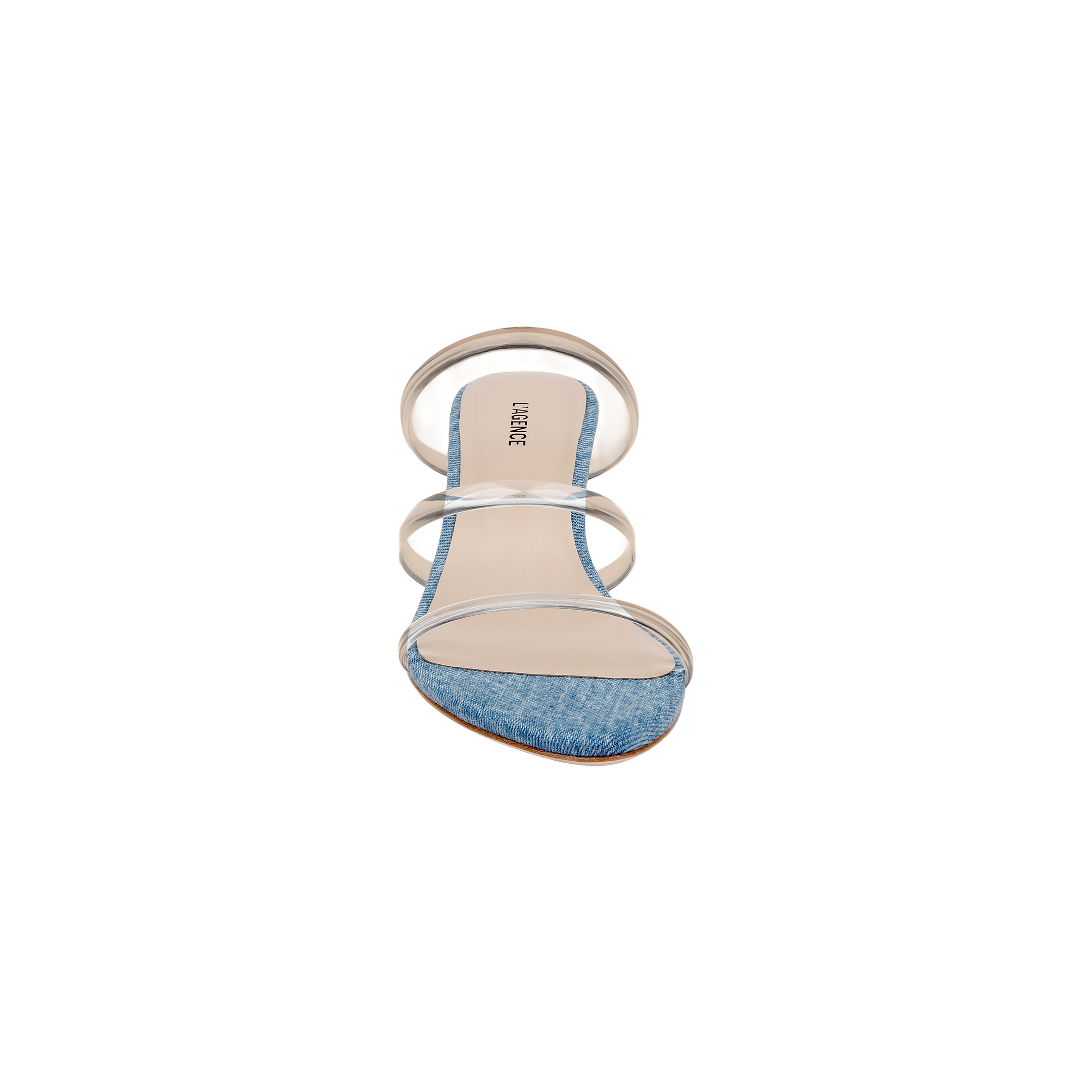 The Ludovica Kitten-Heel Sandal is a single open-toe mule featuring a denim front strap, two clear vinyl straps across the top, and a beige insole, displayed against a white background.
