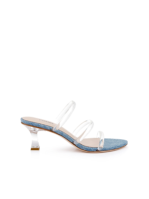 The Ludovica Kitten-Heel Sandal features a blue denim sole, three clear top straps, and a clear flared heel—ideal for minimalist style lovers. Displayed on a plain white background.