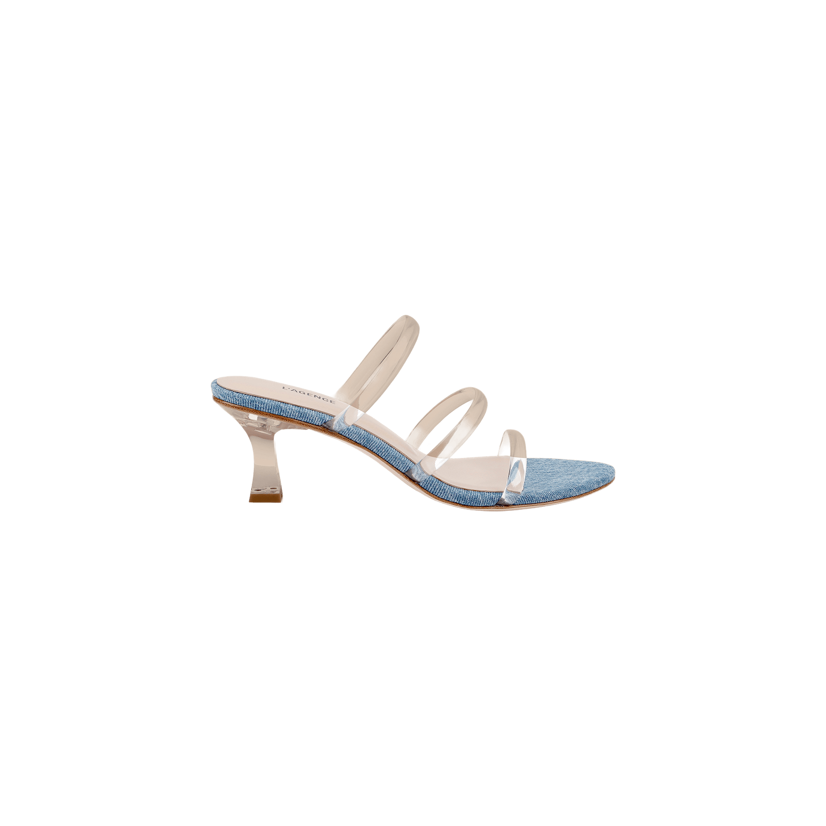 The Ludovica Kitten-Heel Sandal features a blue textured sole, three clear beige straps, and a clear, curved heel for a minimalist look. This vinyl mule design is showcased against a plain white background.