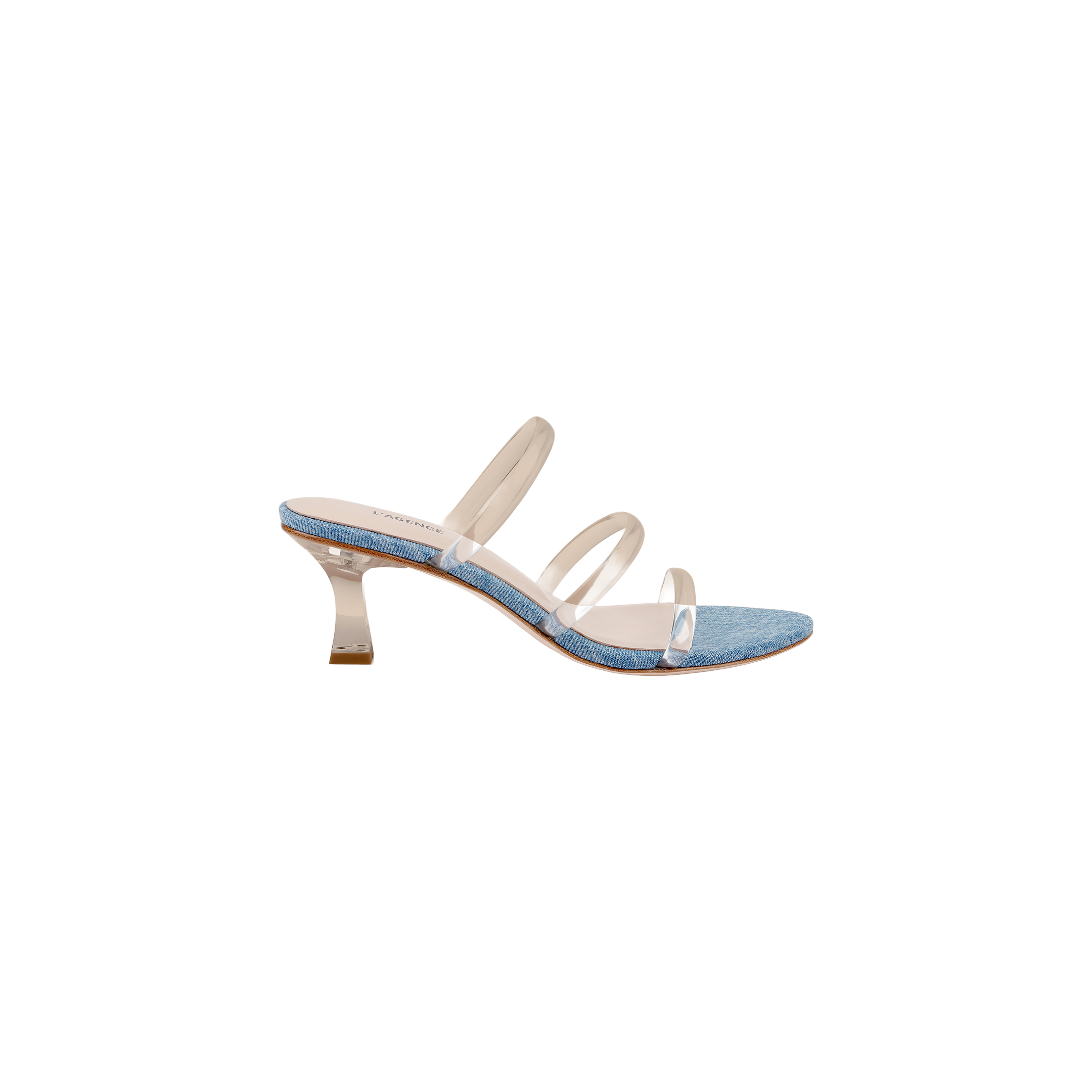 The Ludovica Kitten-Heel Sandal features a blue textured sole, three clear beige straps, and a clear, curved heel for a minimalist look. This vinyl mule design is showcased against a plain white background.