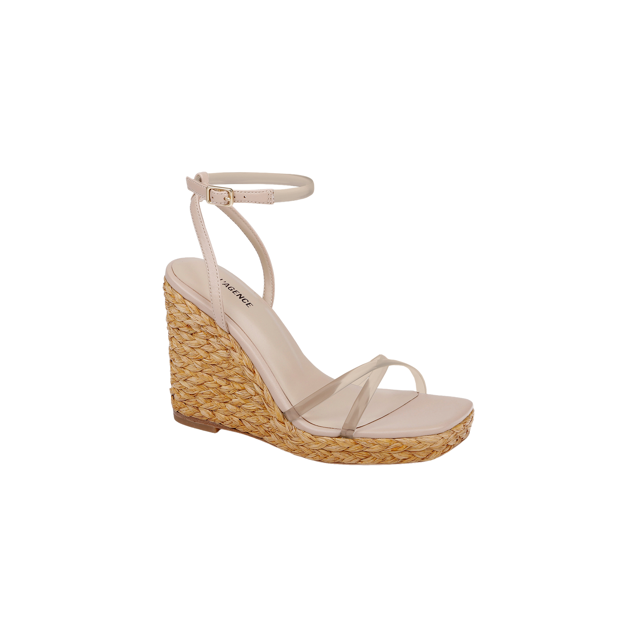 Malone Wedge Espadrille shown on a plain white background, featuring a beige raffia wedge heel, clear toe strap, and a slim ankle strap with a small buckle.