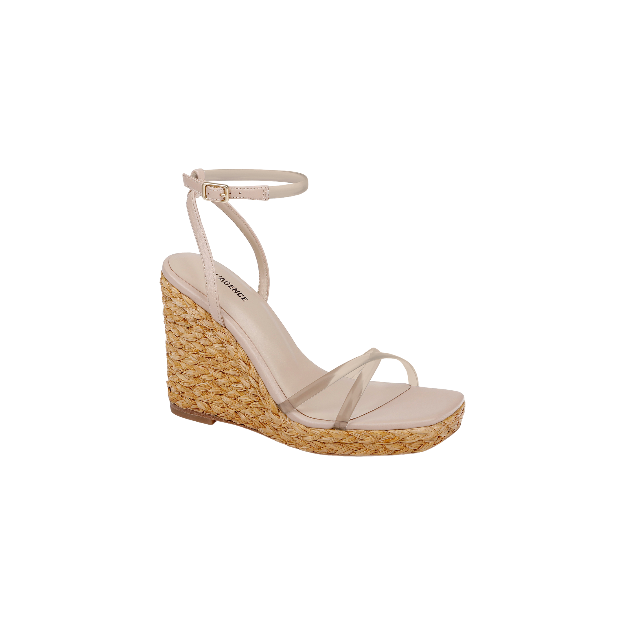 Malone Wedge Espadrille shown on a plain white background, featuring a beige raffia wedge heel, clear toe strap, and a slim ankle strap with a small buckle.
