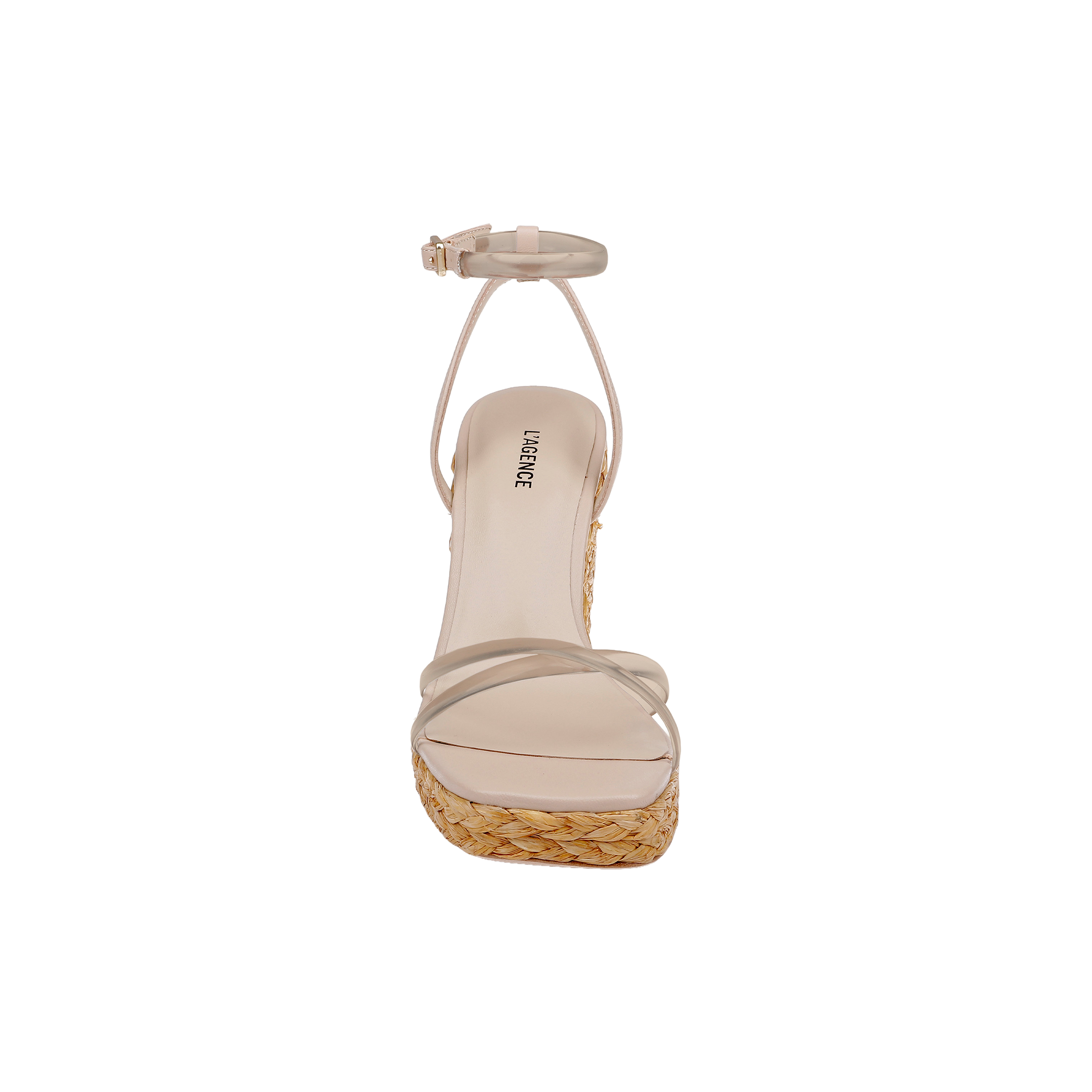 Malone Wedge Espadrille featuring a beige platform, clear toe bands, ankle strap, and woven straw sole, shown from the front on a plain white background.