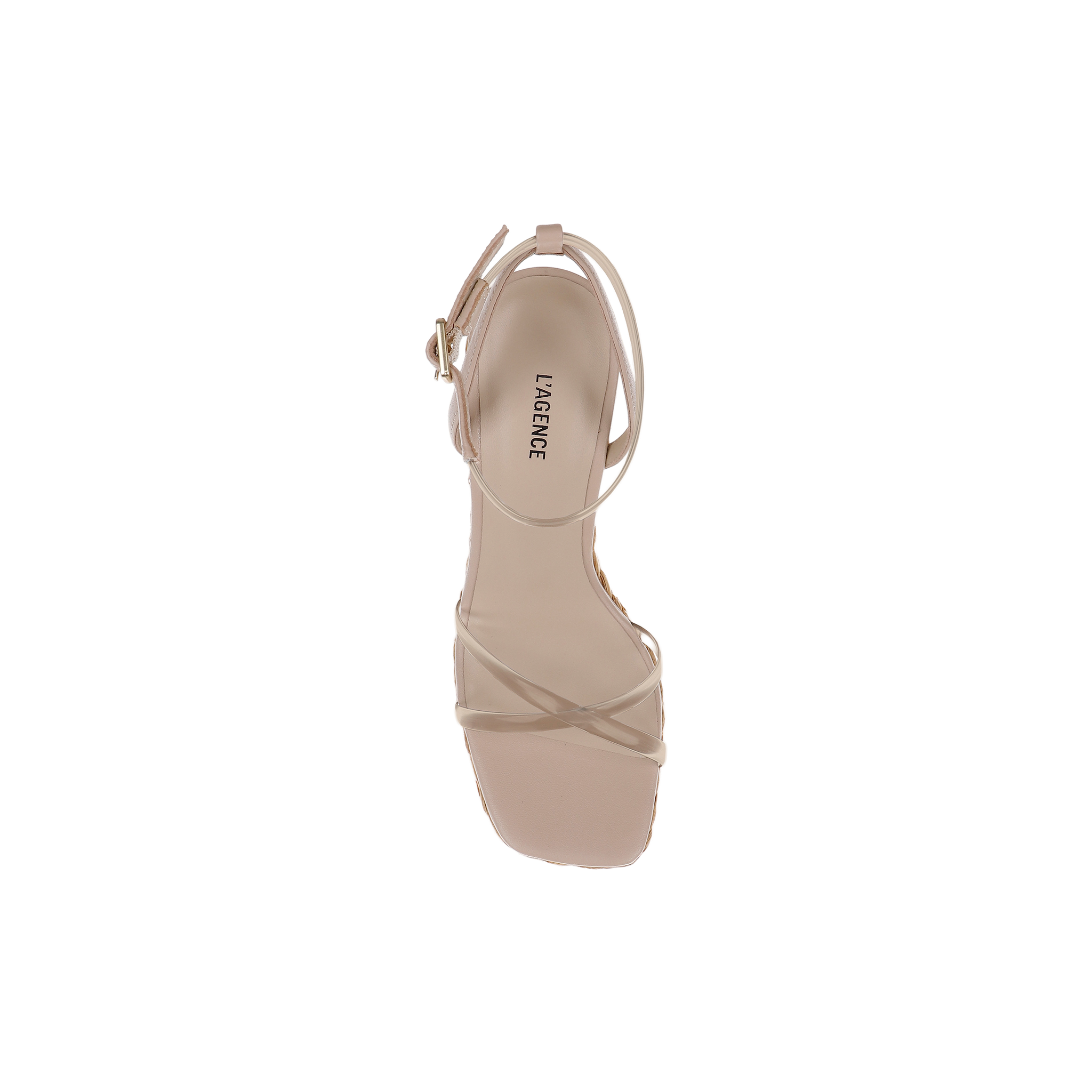 Beige Malone Wedge Espadrille sandal with a square toe and ankle strap, viewed from above, featuring subtle bohemian style influences. The brand LAGENCE is printed on the insole.