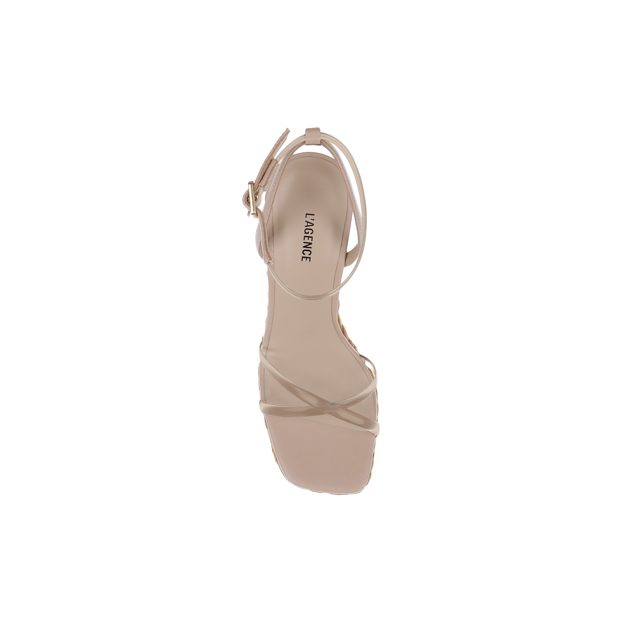 Beige Malone Wedge Espadrille sandal with a square toe and ankle strap, viewed from above, featuring subtle bohemian style influences. The brand LAGENCE is printed on the insole.