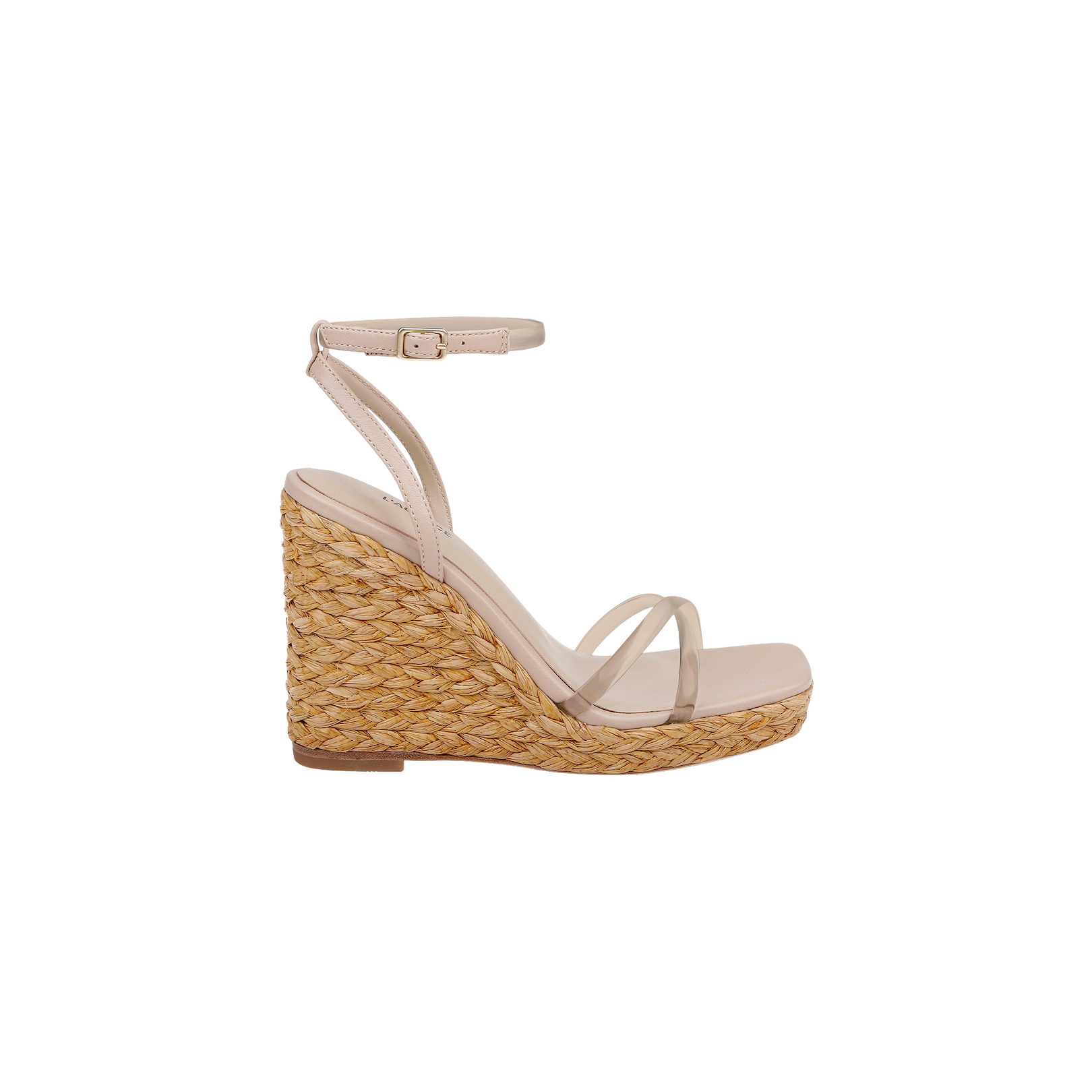 Malone Wedge Espadrille featuring a beige raffia wedge platform, nude ankle strap, and slim toe straps, shown on a plain white background.