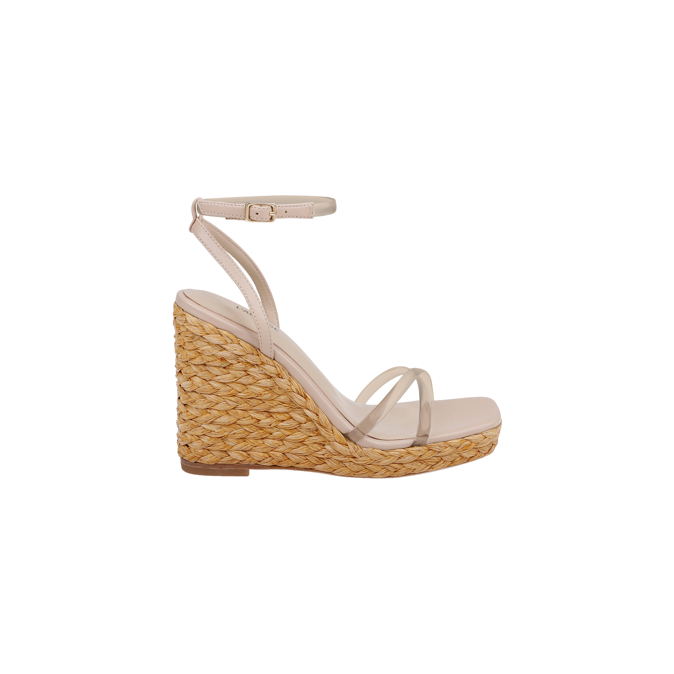 Malone Wedge Espadrille featuring a beige raffia wedge platform, nude ankle strap, and slim toe straps, shown on a plain white background.