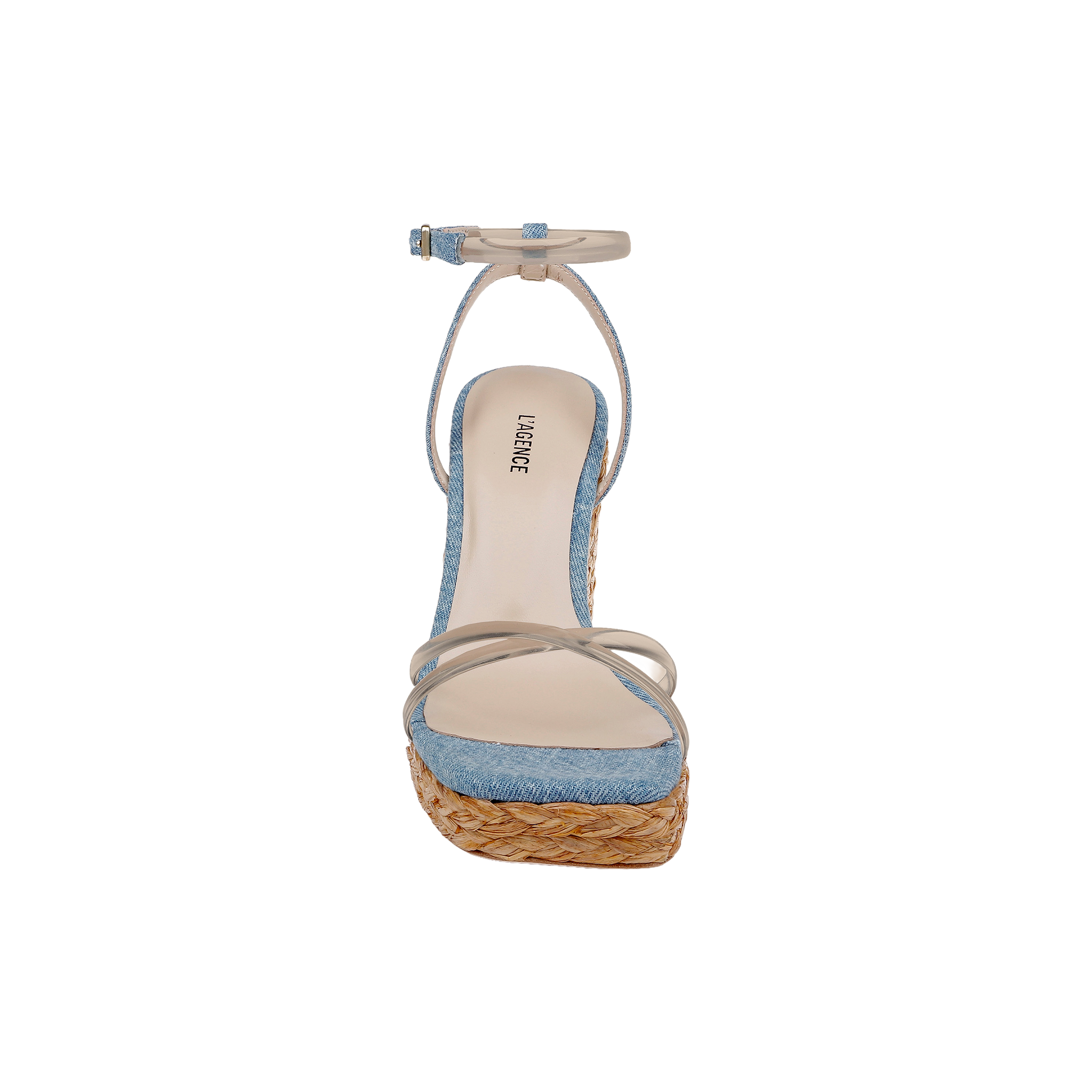 Front view of the Malone Wedge Espadrille, featuring a denim blue upper, beige ankle strap, tan sole, and a woven raffia wedge platform heel in a bohemian espadrille design, displayed on a plain white background.