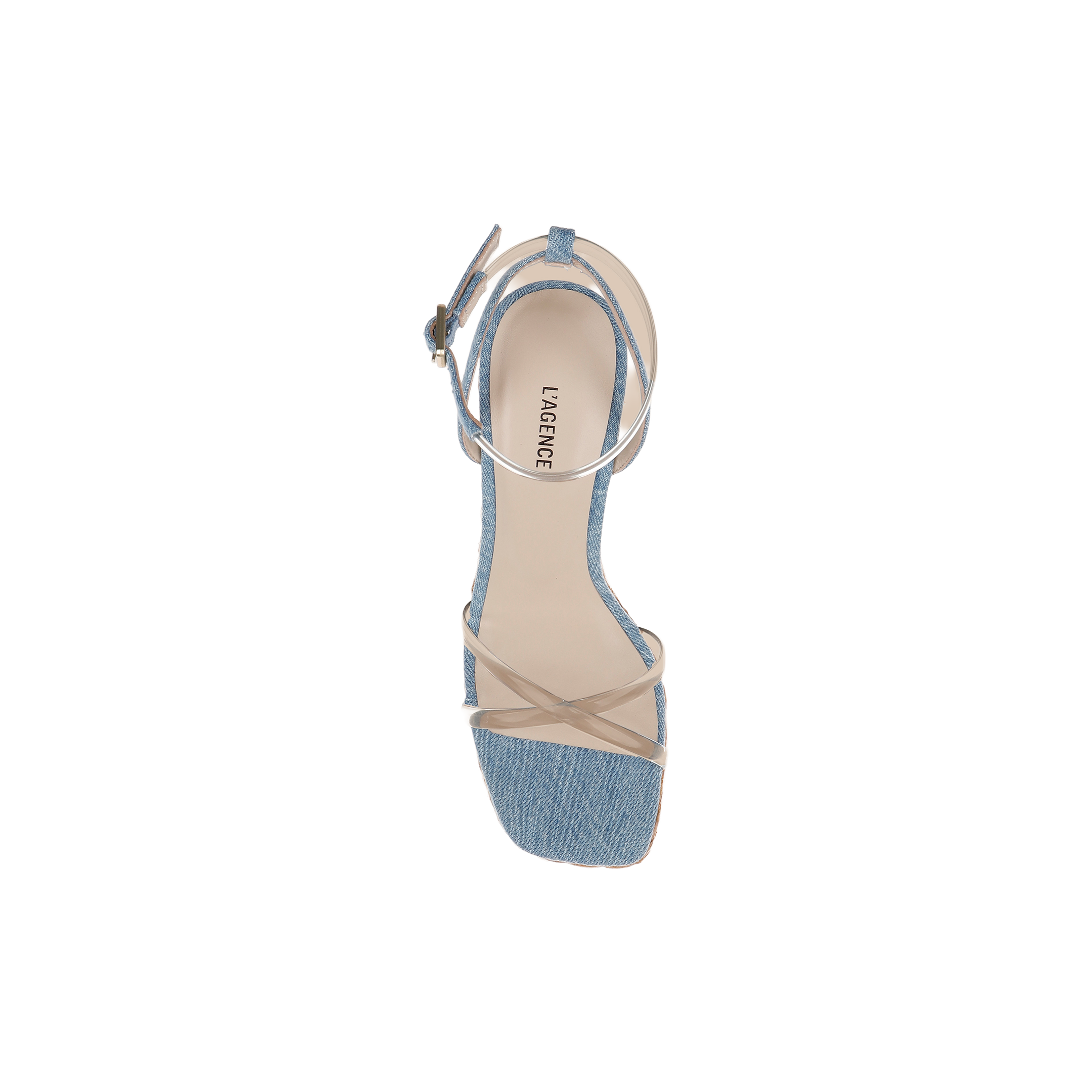 Introducing the Malone Wedge Espadrille: a blue denim sandal with a square toe, beige memory foam insole featuring the brand name, and thin beige ankle and foot straps. Photographed from above on a plain white background.