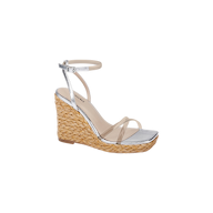 Malone Wedge Espadrille featuring a silver design with a braided raffia wedge platform, clear front strap, ankle strap with buckle, and an open square toe, displayed on a plain white background.