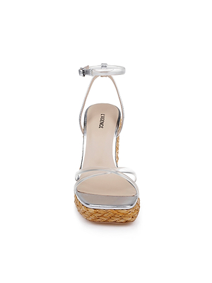 Front view of the Malone Wedge Espadrille: a womens sandal with a metallic silver ankle strap, single silver toe strap, beige footbed, woven platform sole, braided raffia wedge, and cushy memory foam insole.