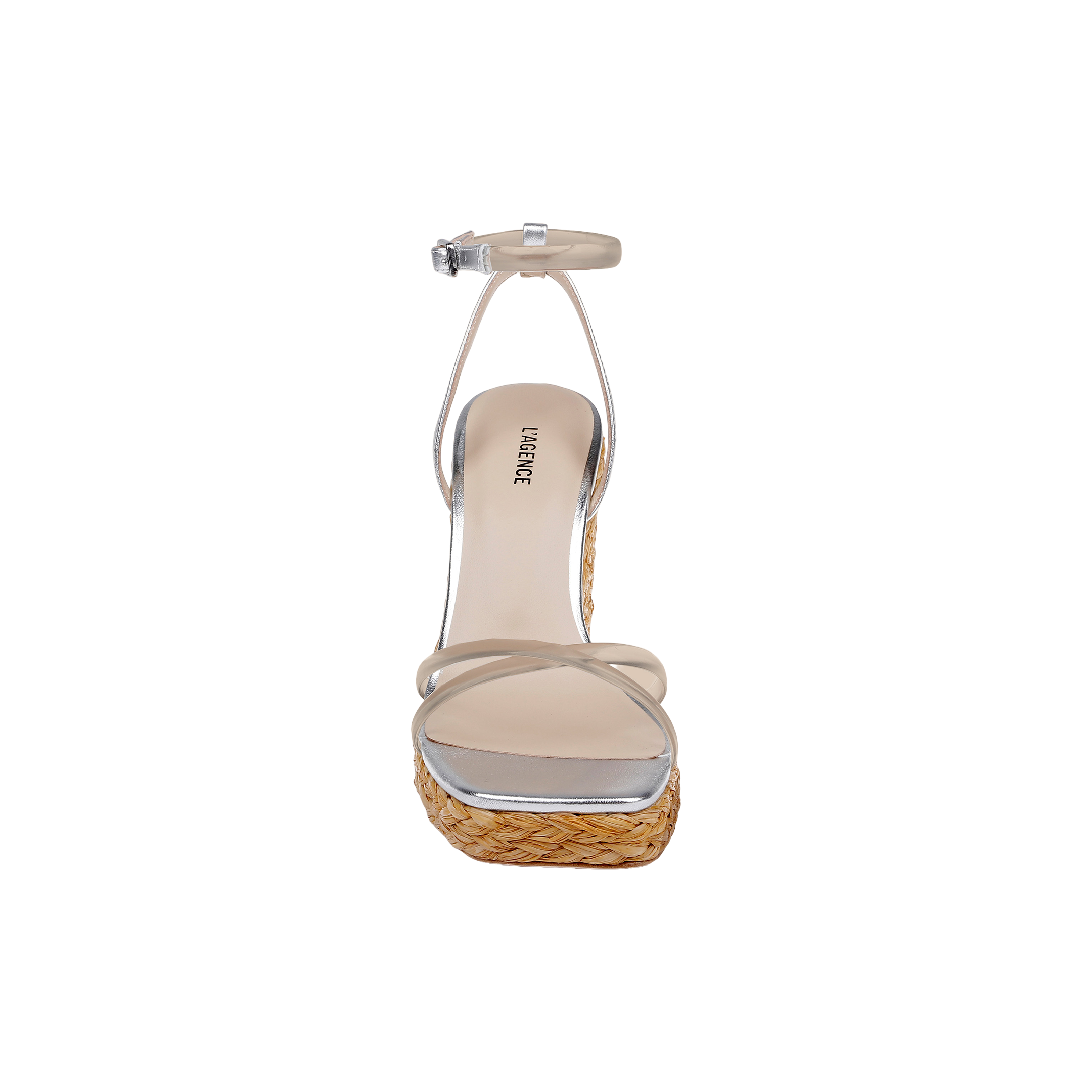 The Malone Wedge Espadrille is a silver high-heeled sandal featuring a braided raffia wedge, ankle strap, and open square toe, shown from the front against a white background.