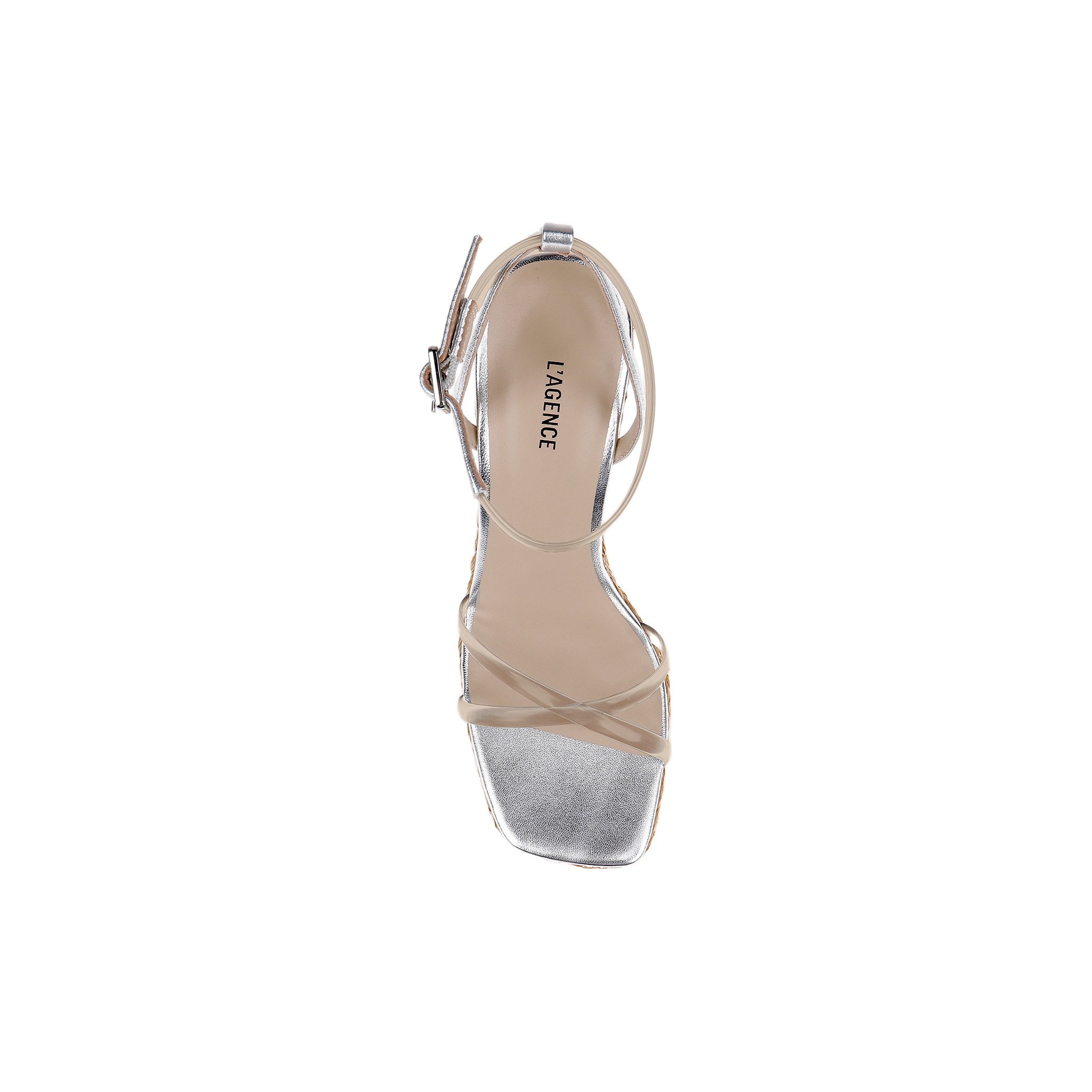 A single Malone Wedge Espadrille in silver is shown from above on a plain white background, featuring an open square toe and thin ankle and toe straps. The insole displays “LAGENCE” printed in black text.