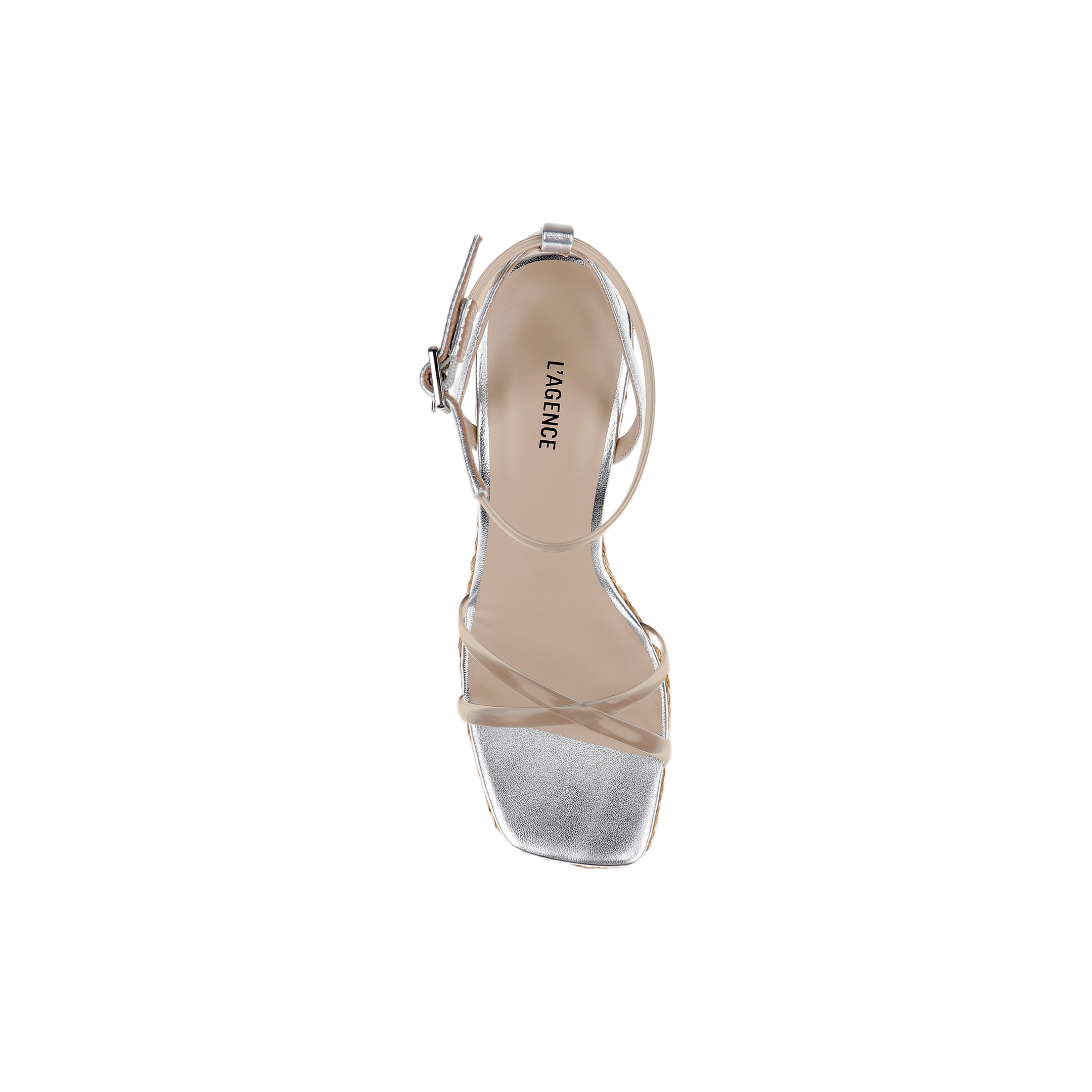 A single Malone Wedge Espadrille in silver is shown from above on a plain white background, featuring an open square toe and thin ankle and toe straps. The insole displays “LAGENCE” printed in black text.