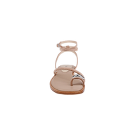 Front view of the Mariana Suede Sandal in tan, showcasing thin asymmetric suede straps, an ankle buckle closure, and a flat sole, displayed against a plain white background.